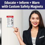 Infant CPR instructional magnet for children under 1 year old. Steps include checking response, calling for help, chest compressions, opening airway, giving breaths, repeating cycles, and continuing until help arrives. Illustrated with images and customizable logo/text area at the bottom