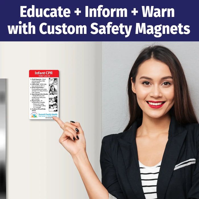 Infant CPR instructional magnet for children under 1 year old. Steps include checking response, calling for help, chest compressions, opening airway, giving breaths, repeating cycles, and continuing until help arrives. Illustrated with images and customizable logo/text area at the bottom