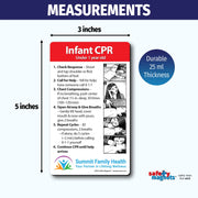 Infant CPR instructional magnet for children under 1 year old. Steps include checking response, calling for help, chest compressions, opening airway, giving breaths, repeating cycles, and continuing until help arrives. Illustrated with images and customizable logo/text area at the bottom