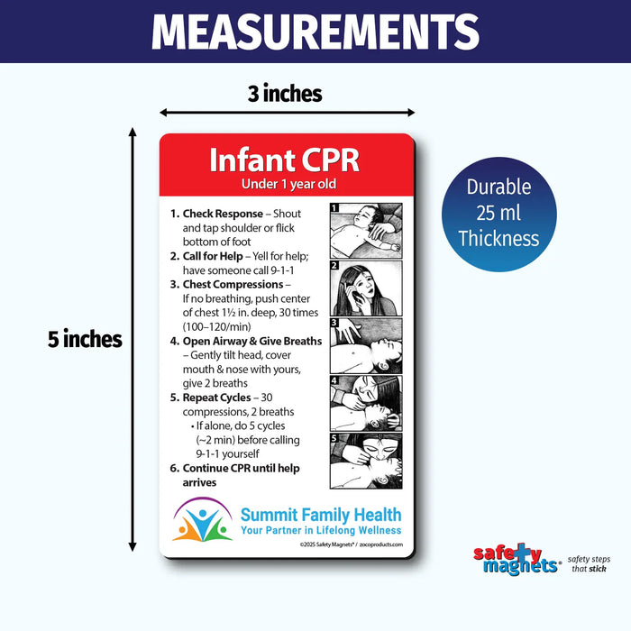 Infant CPR instructional magnet for children under 1 year old. Steps include checking response, calling for help, chest compressions, opening airway, giving breaths, repeating cycles, and continuing until help arrives. Illustrated with images and customizable logo/text area at the bottom