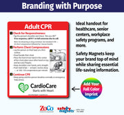 CPR safety magnet with instructions and branding information.
