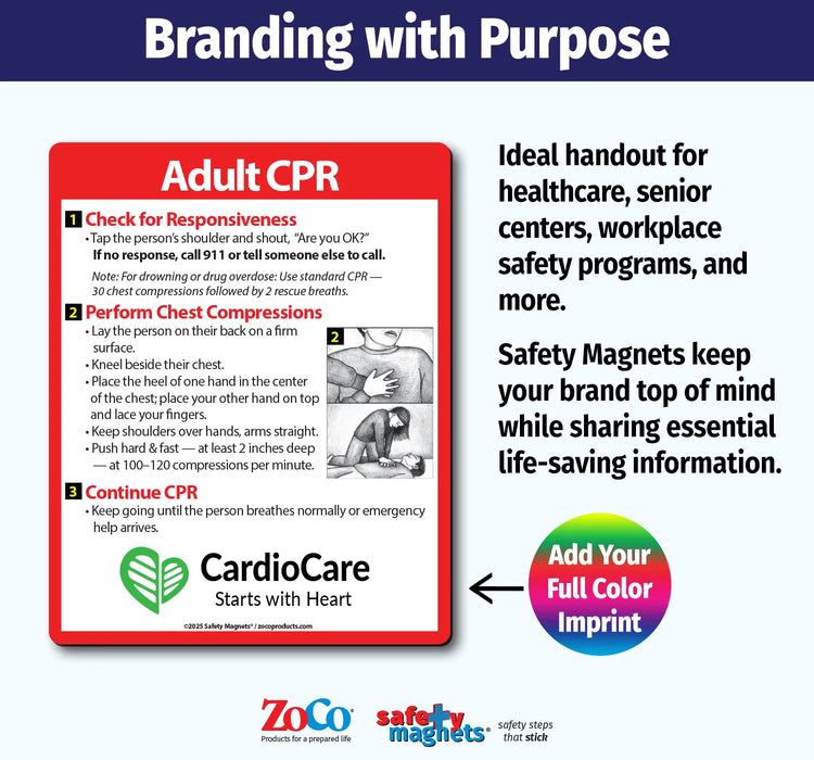 CPR safety magnet with instructions and branding information.