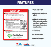 CPR instruction magnet with features listed on a white background