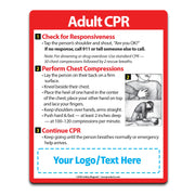 Adult CPR instruction card with text and illustrations on a white background
