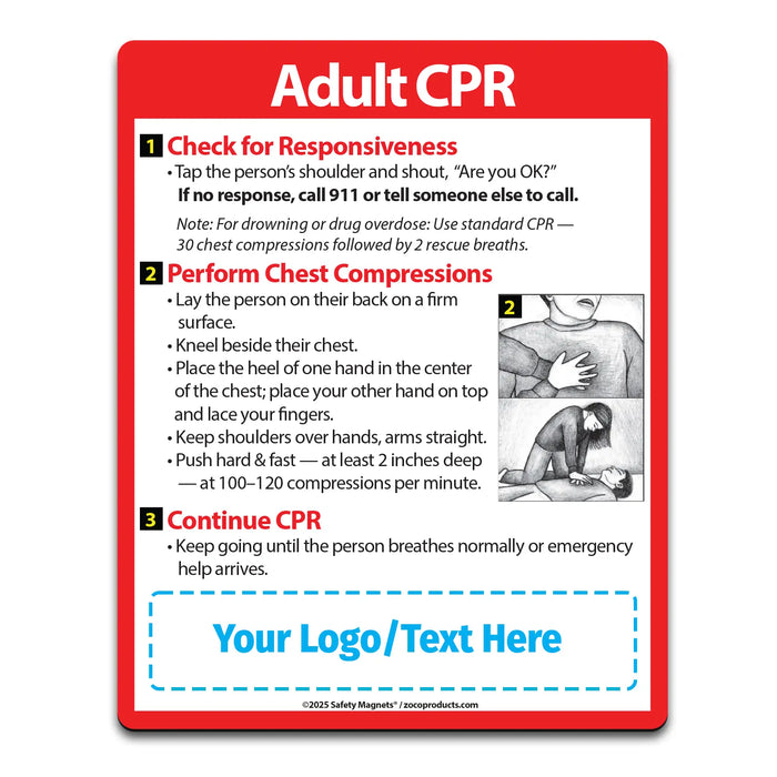 Adult CPR instruction card with text and illustrations on a white background