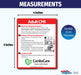 CPR instruction card with dimensions and durability details on a white background