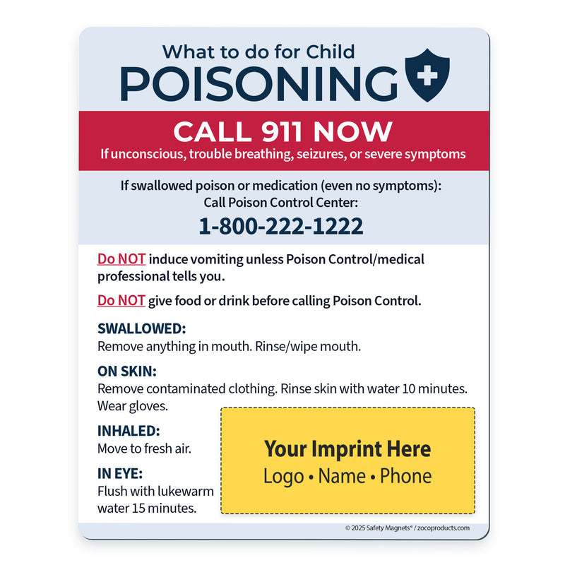 Informational magnet about child poisoning with contact details and safety instructions.