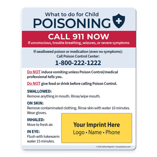 Informational magnet about child poisoning with contact details and safety instructions.