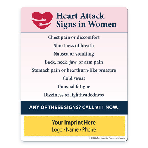Informational magnet about heart attack signs in women with a pink border and white background.
