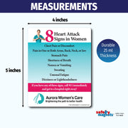 Magnet highlighting 8 heart attack signs in women including chest pain, arm or back pain, stomach pain, shortness of breath, nausea, sweating, unusual fatigue, and dizziness. Encourages calling 911 immediately. Customizable logo/text area at the bottom.