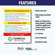 Magnet showing warning signs of a heart attack—chest pain, discomfort in arms, shortness of breath, nausea—and stroke signs such as sudden numbness, severe headache, confusion, vision or walking trouble. Urges calling 911. Custom logo/text area at the bottom.