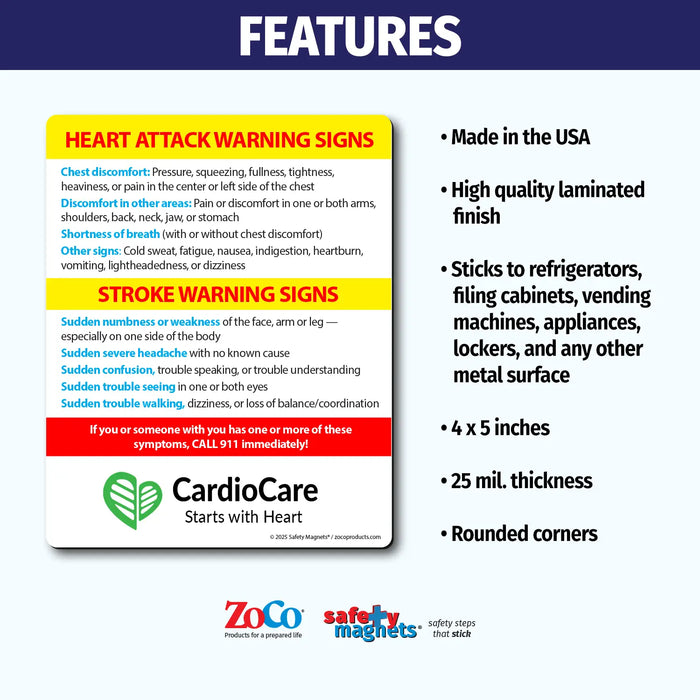Magnet showing warning signs of a heart attack—chest pain, discomfort in arms, shortness of breath, nausea—and stroke signs such as sudden numbness, severe headache, confusion, vision or walking trouble. Urges calling 911. Custom logo/text area at the bottom.