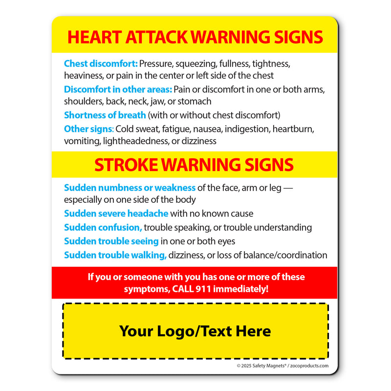 Heart Attack & Stroke Warning Signs — Custom Safety Magnets — 4 × 5 — Minimum 10