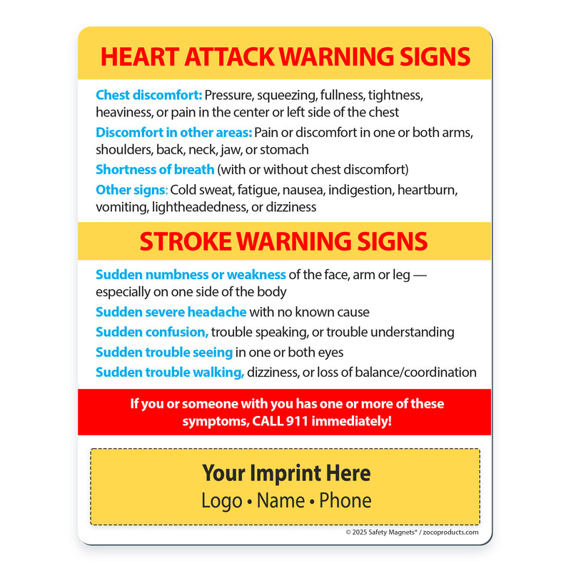 Heart attack and stroke warning signs with a customizable imprint area on a white background