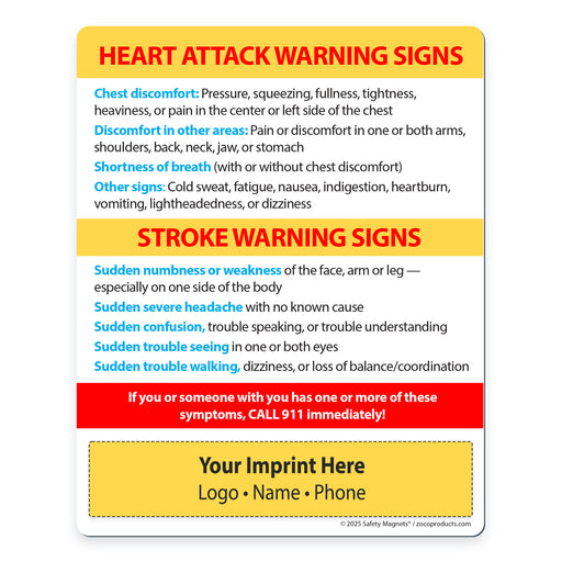 Heart attack and stroke warning signs with a customizable imprint area on a white background