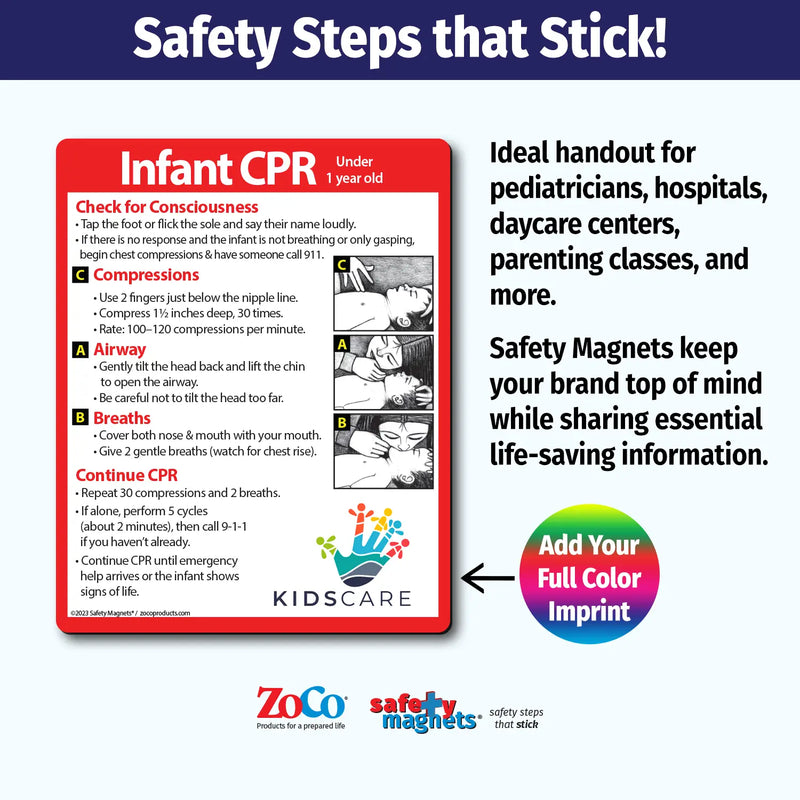 Infant CPR instruction magnet for children under 1 year old. Steps include checking consciousness, chest compressions with two fingers, opening airway, giving gentle breaths, and repeating cycles until help arrives. Illustrated with diagrams. Customizable logo/text area at the bottom.