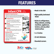 Infant CPR instruction magnet for children under 1 year old. Steps include checking consciousness, chest compressions with two fingers, opening airway, giving gentle breaths, and repeating cycles until help arrives. Illustrated with diagrams. Customizable logo/text area at the bottom.