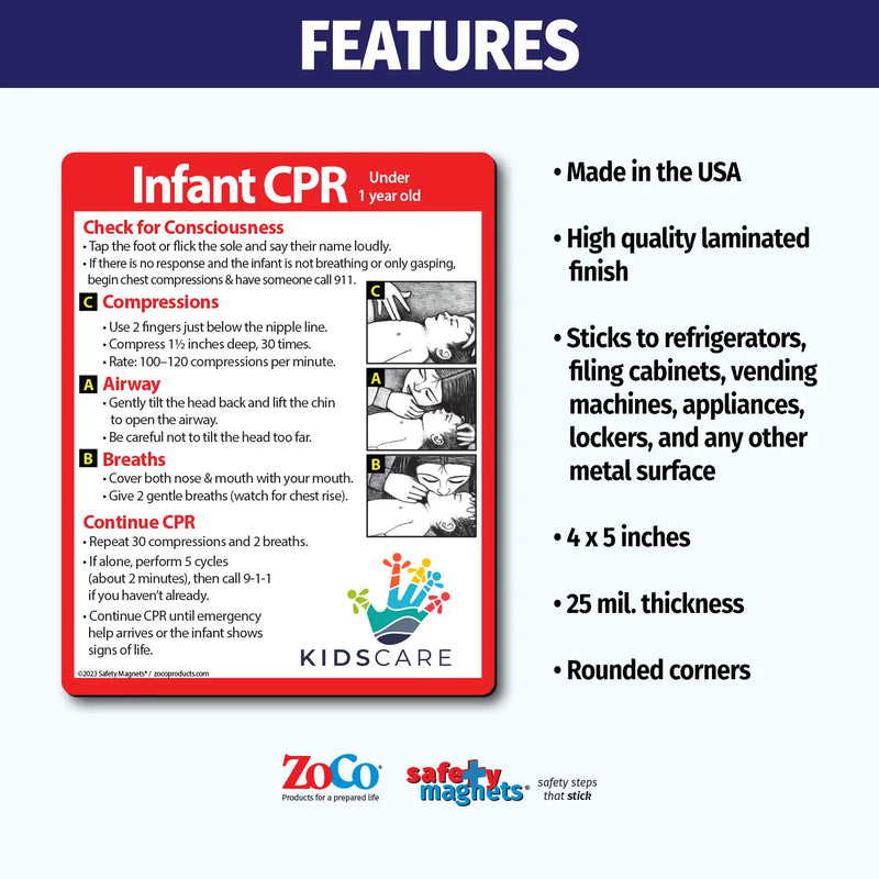 Infant CPR instruction magnet for children under 1 year old. Steps include checking consciousness, chest compressions with two fingers, opening airway, giving gentle breaths, and repeating cycles until help arrives. Illustrated with diagrams. Customizable logo/text area at the bottom.