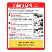 Custom Infant CPR Safety Magnet with instructions and illustrations on a white background