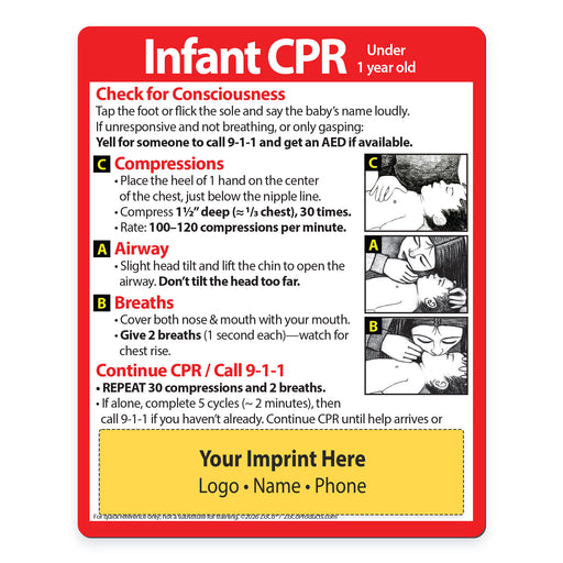 Custom Infant CPR Safety Magnet with instructions and illustrations on a white background