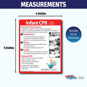 Infant CPR instruction magnet for children under 1 year old. Steps include checking consciousness, chest compressions with two fingers, opening airway, giving gentle breaths, and repeating cycles until help arrives. Illustrated with diagrams. Customizable logo/text area at the bottom.