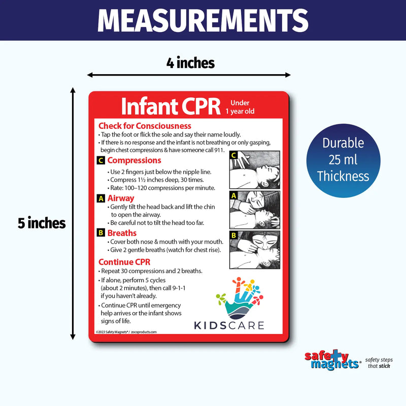 Infant CPR instruction magnet for children under 1 year old. Steps include checking consciousness, chest compressions with two fingers, opening airway, giving gentle breaths, and repeating cycles until help arrives. Illustrated with diagrams. Customizable logo/text area at the bottom.