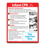 Infant CPR instruction magnet for children under 1 year old. Steps include checking consciousness, chest compressions with two fingers, opening airway, giving gentle breaths, and repeating cycles until help arrives. Illustrated with diagrams. Customizable logo/text area at the bottom.