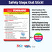 Tornado emergency instruction magnet outlining what to do during a tornado warning depending on location: in a structure, vehicle, or outside with no shelter. Advises seeking safe shelter, avoiding bridges, not outrunning tornadoes, and watching for flying debris. Custom logo/text area at the bottom.