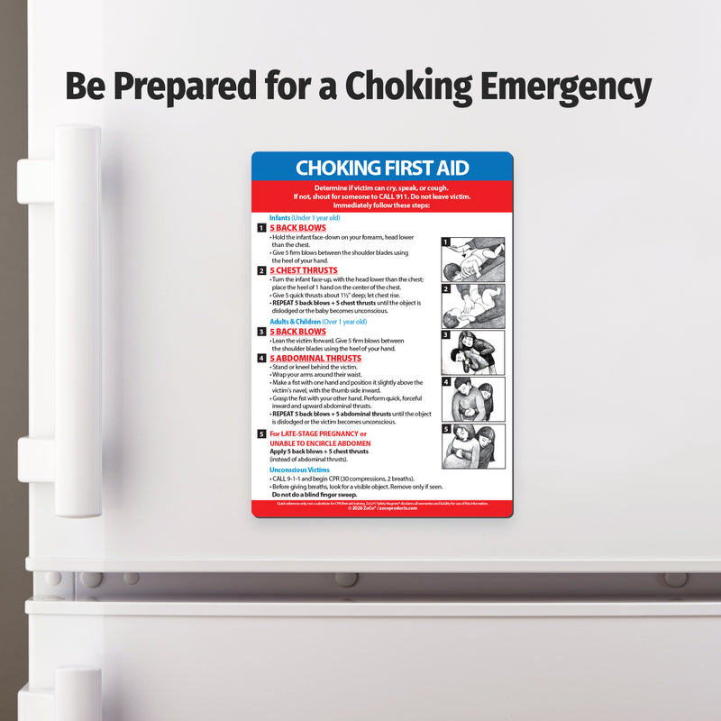 Choking first aid magnet displayed on a refrigerator for quick emergency reference