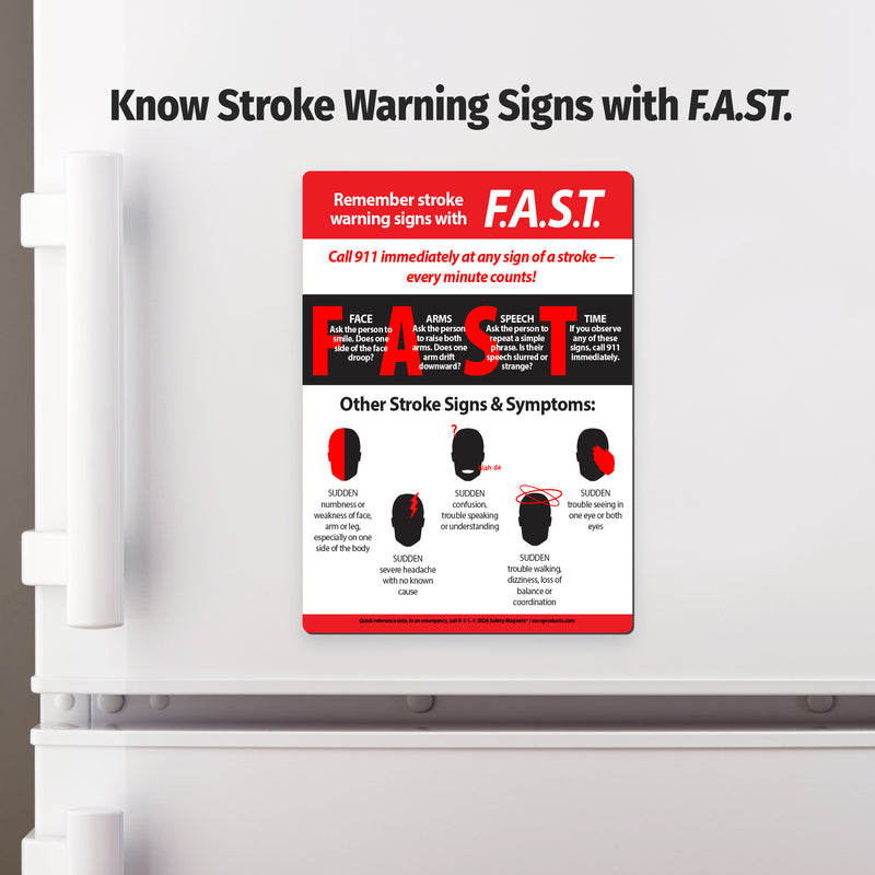 FAST stroke warning signs magnet displayed on a refrigerator