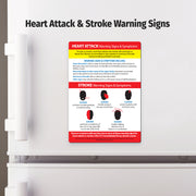 Heart attack and stroke warning signs magnet displayed on a refrigerator