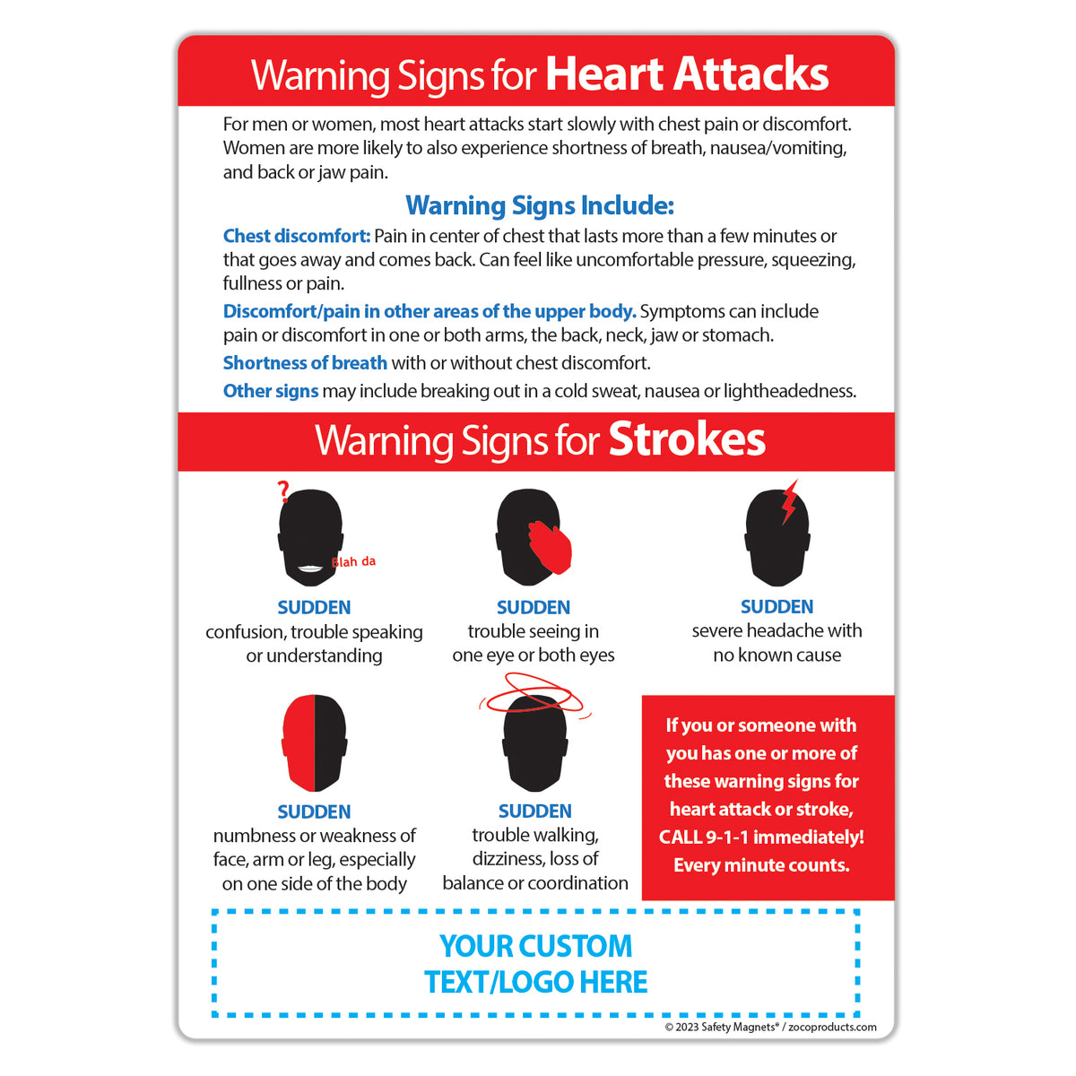 Warning Signs of Heart Attack and Stroke Custom Magnets — ZoCo Products