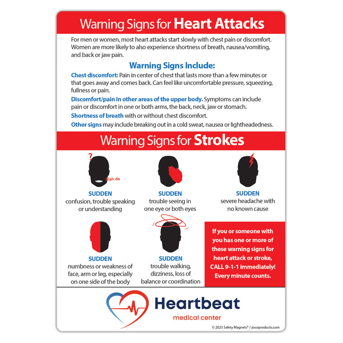 Warning Signs of Heart Attack and Stroke Magnet - 5x7 (Min Qty 100)