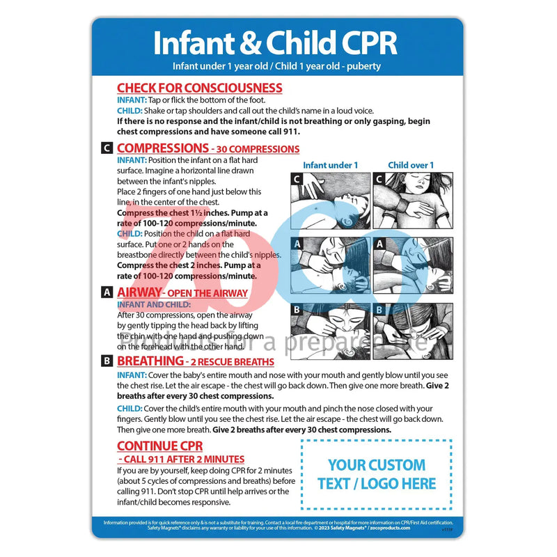 CPR Steps for Infants & Children - Magnets - 5" x 7" - (Min.Qty 100)