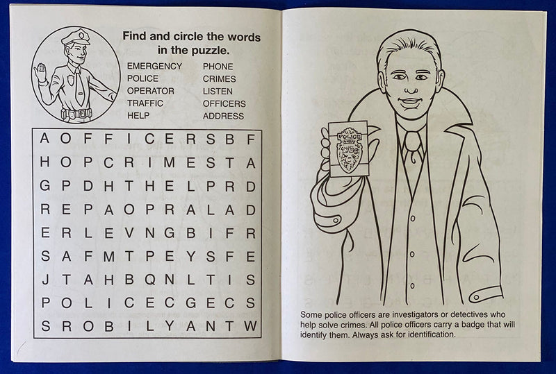 Inside pages of Police Officers Care kids coloring and activity book