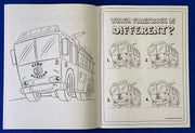 Kids coloring book featuring trucks and construction vehicles