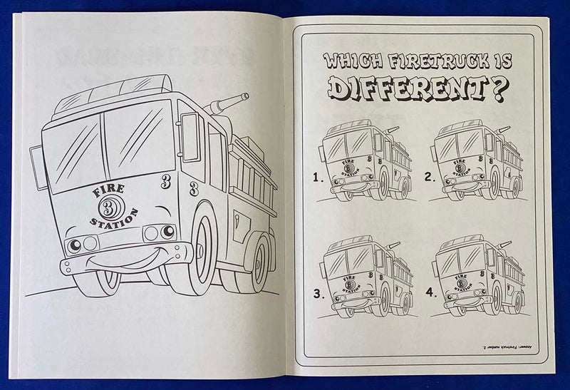 Kids coloring book featuring trucks and construction vehicles