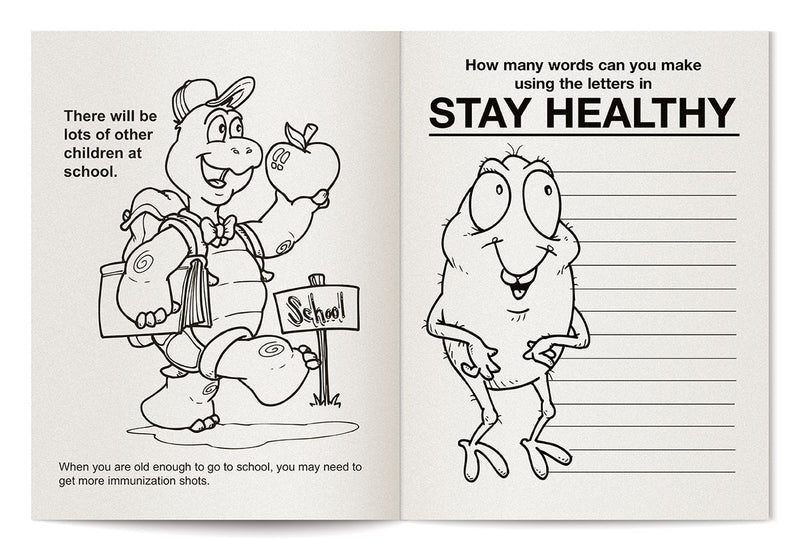 Kids immunization coloring book inside pages about vaccines and staying healthy