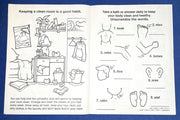 Healthy habits coloring book inside pages about handwashing and dental care