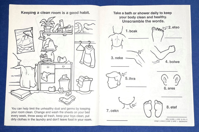 Healthy habits coloring book inside pages about handwashing and dental care