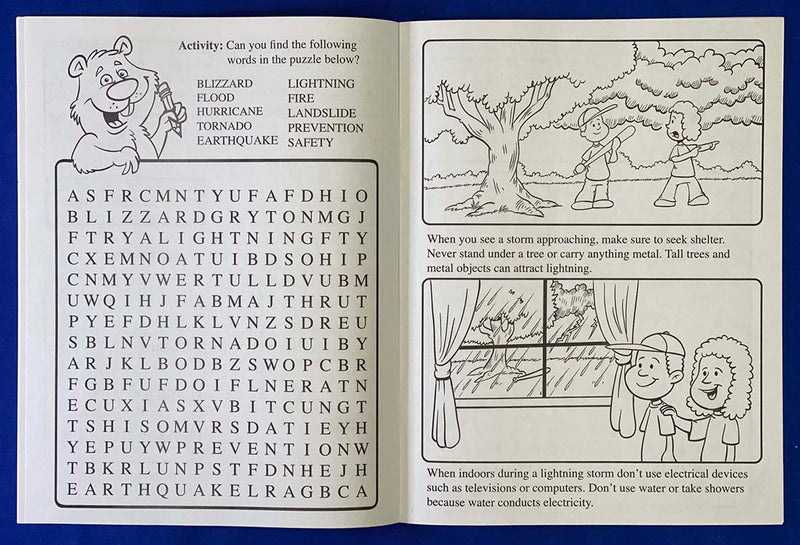 Inside pages of Natural Disaster Safety kids coloring and activity book