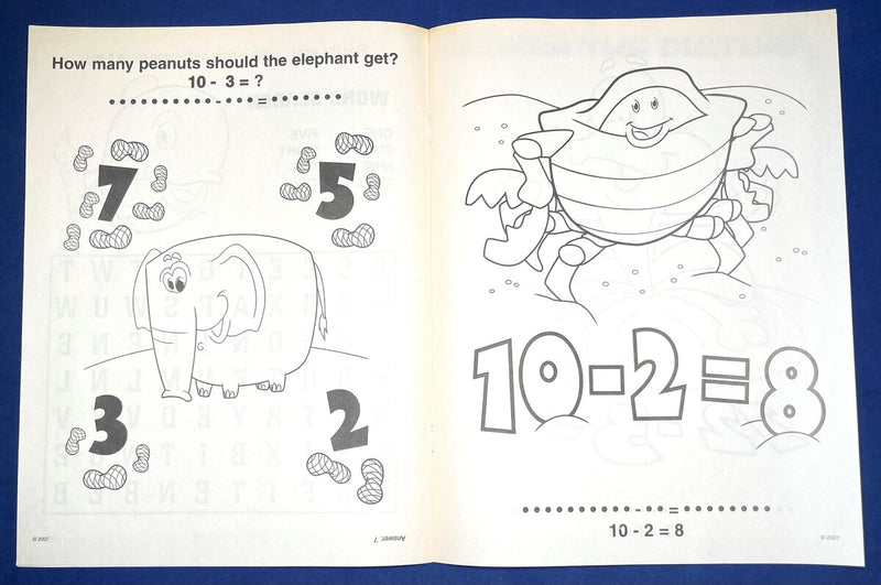 Subtraction practice activities including coloring, puzzles and early math exercises