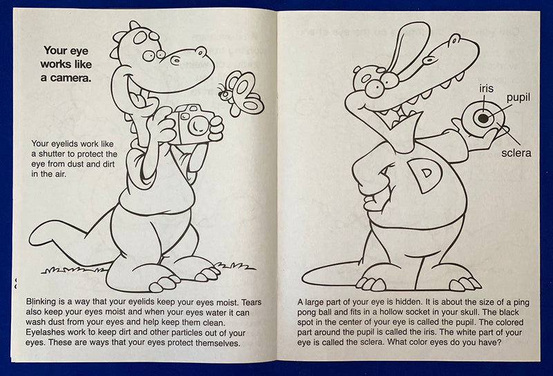 Kids eye care coloring book inside pages about healthy vision and eye exams