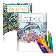 Two coloring books titled 'Patterns' and 'Oceans' with colored pencils on a white background.