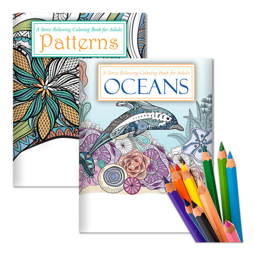 Two coloring books titled 'Patterns' and 'Oceans' with colored pencils on a white background.