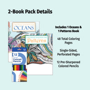 2-Pack Adult Coloring Books: Oceans and Patterns - Includes 12 Colored Pencils