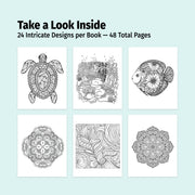 Promotional graphic for a coloring book with six black and white designs on a light blue background.