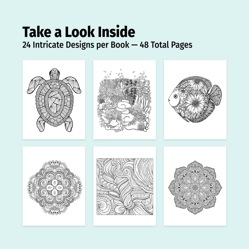 Promotional graphic for a coloring book with six black and white designs on a light blue background.