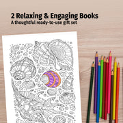 Coloring book with seashell design and colored pencils on a wooden surface