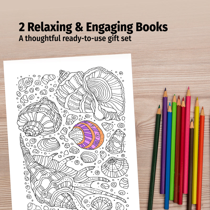 Coloring book with seashell design and colored pencils on a wooden surface